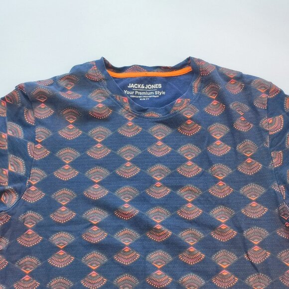 Jack & Jones T-shirt men's size L navy blue with orange graphic pattern slim fit - Picture 2 of 9
